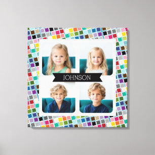 4 Photo Collage with funky colourful square patter Canvas Print