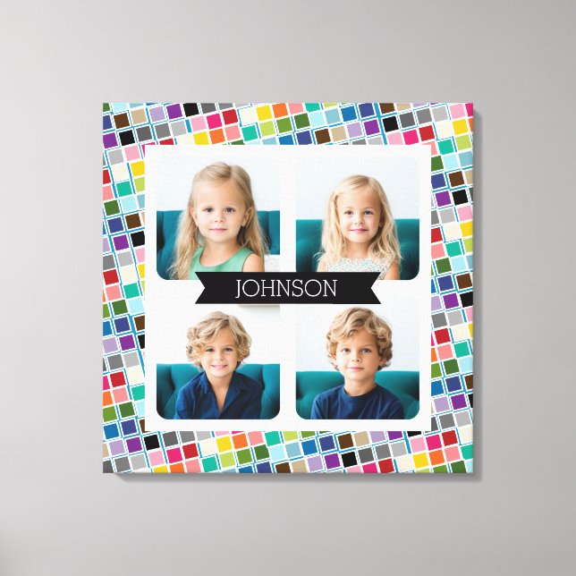 4 Photo Collage with funky colourful square patter Canvas Print (Front)