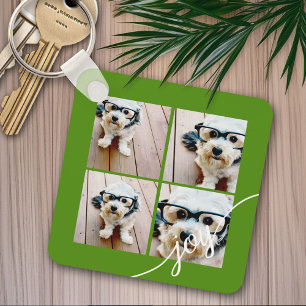 4 Photo Collage with Holiday Joy Green Keychain