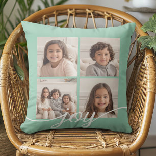 4 Photo Collage with Holiday Joy Mint Throw Pillow