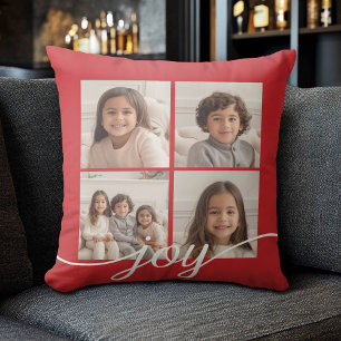 4 Photo Collage with Holiday Joy Red Throw Pillow