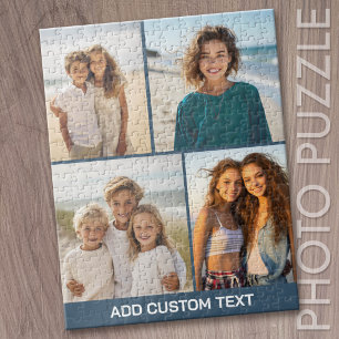 4 Photo Collage with modern text - blue and white Jigsaw Puzzle
