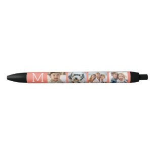 4 Photo Collage with Monogram Initial - Coral Black Ink Pen