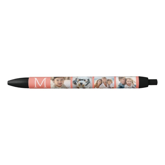 4 Photo Collage with Monogram Initial - Coral Black Ink Pen (Front)