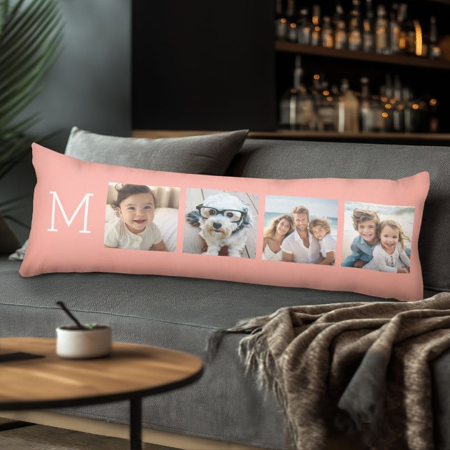 4 Photo Collage with Monogram Initial - Coral Body Pillow (Body Pillow with Photo Collage)