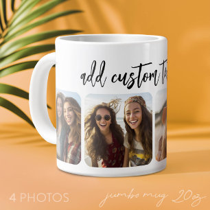 4 Photo Collage with trendy bounce script - white Large Coffee Mug