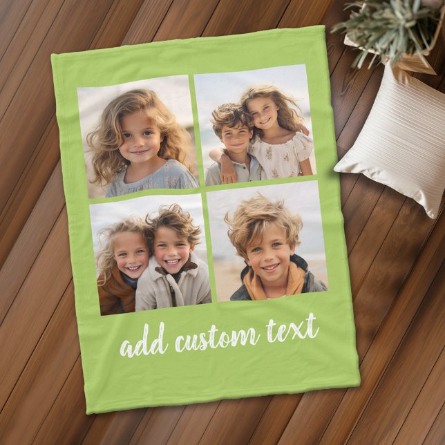 4 Photo Collage - you can change background colour Fleece Blanket (Personalized fleece blanket with 4 photos and custom text)