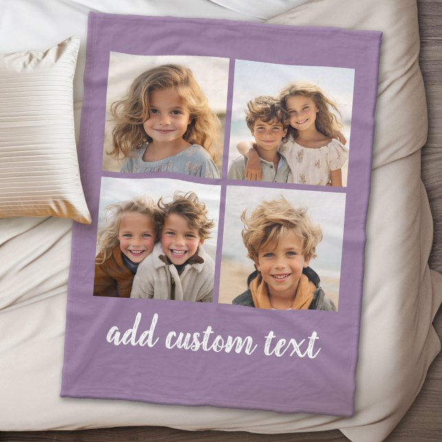 4 Photo Collage - you can change purple colour Fleece Blanket (Personalized fleece blanket with 4 photos and custom text)