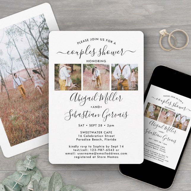 4 Photo Couples Bridal Shower Chic Modern Script Invitation (Creator Uploaded)