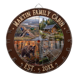 4 PHOTO Custom Text, Family Log Cabin BROWN BORDER Dartboard