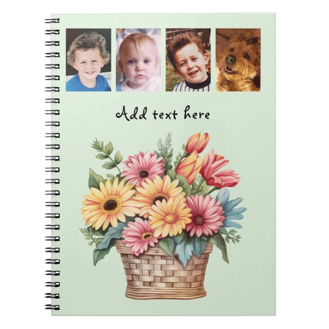 4 photo custom text gerbera flowers green notebook (Front)