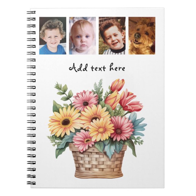 4 photo custom text gerbera flowers white notebook (Front)