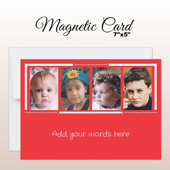 4 photo custom text red white magnetic card (Creator Uploaded)