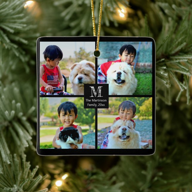 4 Photo Customized Collage with Monogram Ceramic Ornament (Tree)