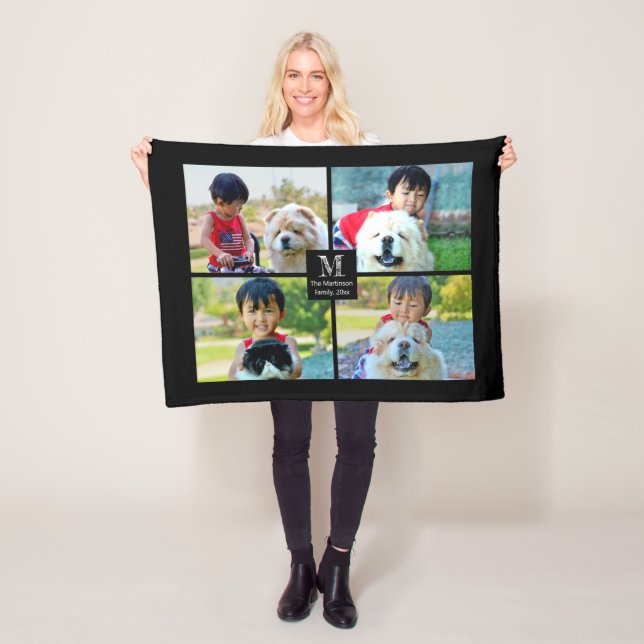 4 Photo Customized Collage with Monogram Fleece Blanket (In Situ)