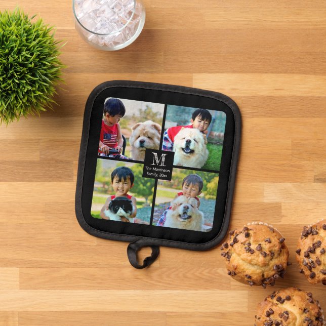4 Photo Customized Collage with Monogram Pot Holder (Top Down)