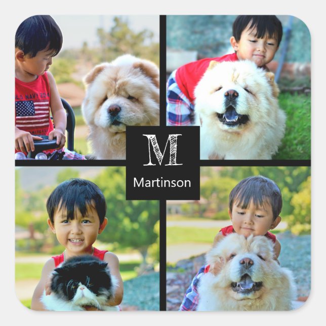 4 Photo Customized Collage with Monogram Square Sticker (Front)