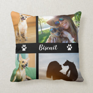 4 Photo Dog Collage with Paw Prints   Throw Pillow