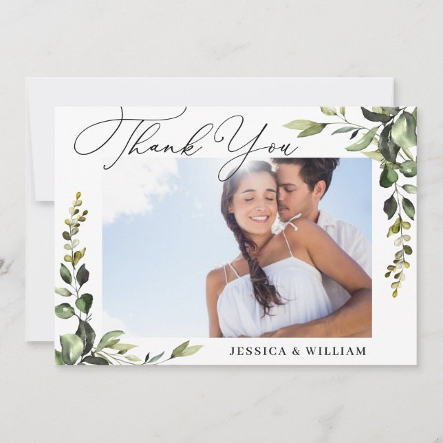 4 PHOTO Elegant Eucalyptus Watercolor Floral Thank You Card (Front)
