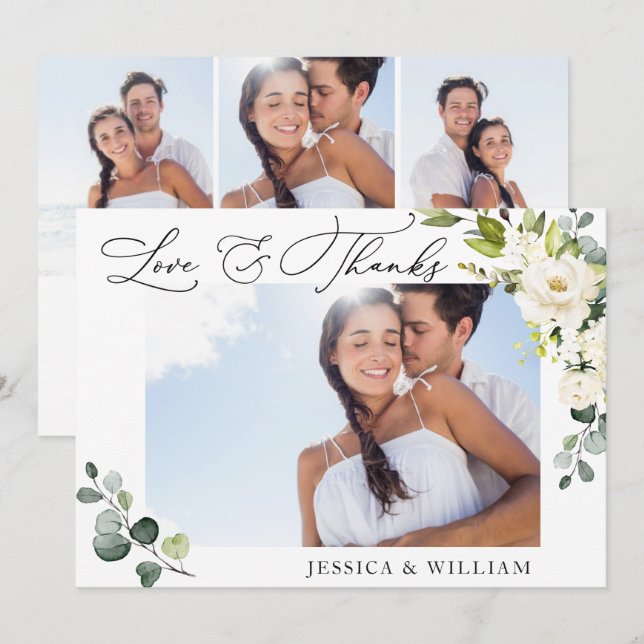 4 PHOTO Elegant Eucalyptus White Roses Floral Thank You Card (Front/Back)
