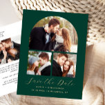 4-Photo Emerald Green Gold Arch Save the Date Announcement Postcard<br><div class="desc">This simple, minimalist Save the Date postcard features an arch-shaped photo collage of three photos above the words "Save the Date" in elegant gold-coloured handwriting script, followed by the couple's names, wedding date and city in sans serif font on an emerald green background. Add a fourth, horizontal photo and a...</div>