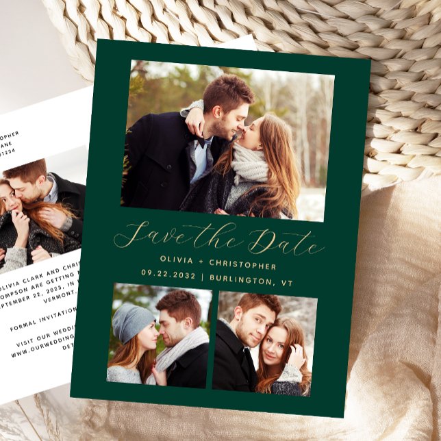 4-Photo Emerald Green Gold Save the Date Postcard (Creator Uploaded)