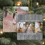 4 Photo Engagement 1st Christmas Gray Faux Wood Ceramic Ornament<br><div class="desc">Celebrate the joyful 1st holiday of your engagement with a custom 4 photo "Our First Christmas Engaged" square faux grey wood ceramic ornament. All wording and images on this template are simple to personalize. (IMAGE PLACEMENT TIP: An easy way to center a photo exactly how you want is to crop...</div>