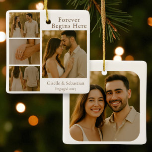 4 Photo Engagement Collage Christmas Holiday Ceramic Ornament