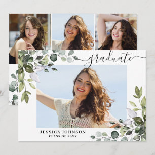 4 Photo Eucalyptus Greenery Graduation Party Invitation
