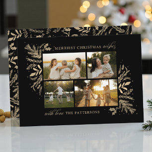 4 Photo Family Christmas Black Gold Botanical Holiday Card