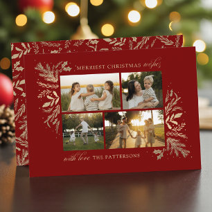 4 Photo Family Christmas Deep Red Gold Botanical Holiday Card