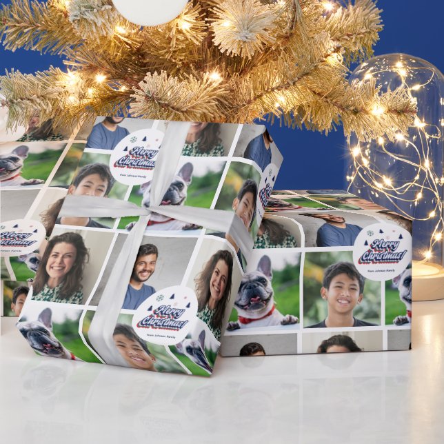 4 Photo Family & Pet Collage Retro Xmas Typography Wrapping Paper (Holidays)