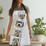 4 Photo Film Strip Collage Script Name white gold Apron<br><div class="desc">Photo collage in a film strip layout with a huge modern script for the name. Use up to four square or selfie phone photos to create a unique and personal gift. Or you can keep the hipster puppy and make a trendy keepsake. For best results, use photos that have been...</div>