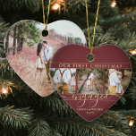 4 Photo First Christmas Engaged Burgundy Red Heart Ceramic Ornament<br><div class="desc">Celebrate the joyful 1st holiday of your engagement with a custom heart-shaped 4 photo collage "Our First Christmas Engaged" burgundy and gold heart-shaped ceramic ornament. All text and images on this template are simple to personalize. (IMAGE PLACEMENT TIP: An easy way to centre a photo exactly how you want is...</div>