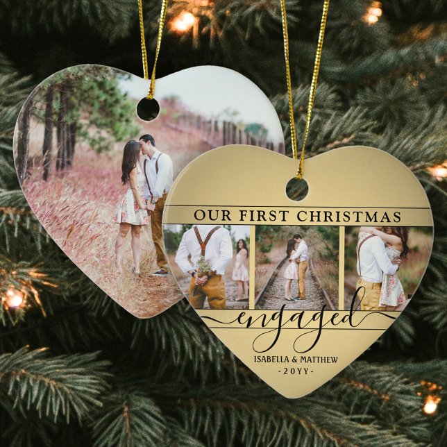 4 Photo First Christmas Engaged Faux Gold Heart Ceramic Ornament (Creator Uploaded)