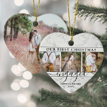 4 Photo First Christmas Engaged Faux Marble Heart Ceramic Ornament<br><div class="desc">Celebrate the joyful 1st holiday of your engagement with a custom heart-shaped 4 photo collage "Our First Christmas Engaged" faux marble ceramic ornament. All text and images on this template are simple to personalize. (IMAGE PLACEMENT TIP: An easy way to centre a photo exactly how you want is to crop...</div>