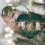 4 Photo First Christmas Engaged Green & Gold Heart Ceramic Ornament<br><div class="desc">Celebrate the joyful 1st holiday of your engagement with a custom heart-shaped 4 photo collage "Our First Christmas Engaged" green and gold heart shaped ceramic ornament. All text and images on this template are simple to personalize. (IMAGE PLACEMENT TIP: An easy way to centre a photo exactly how you want...</div>