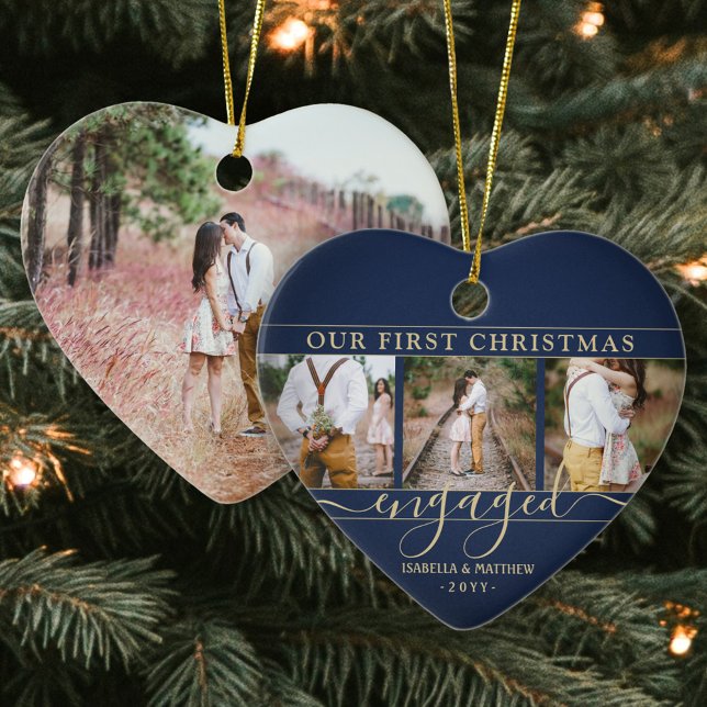 4 Photo First Christmas Engaged Navy & Gold Heart Ceramic Ornament (Creator Uploaded)
