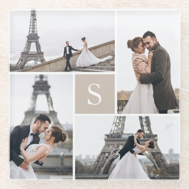 4 Photo Gallery and Colour Block Monogram Glass Coaster (Front)