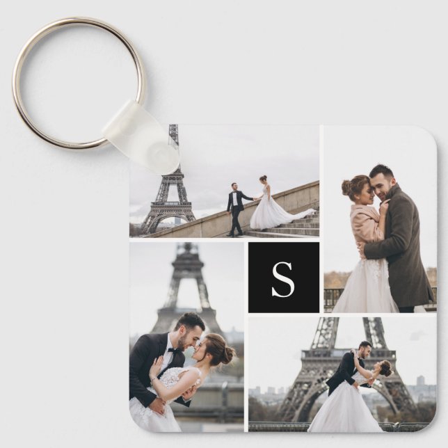 4 Photo Gallery Black Monogram Keychain (Front)
