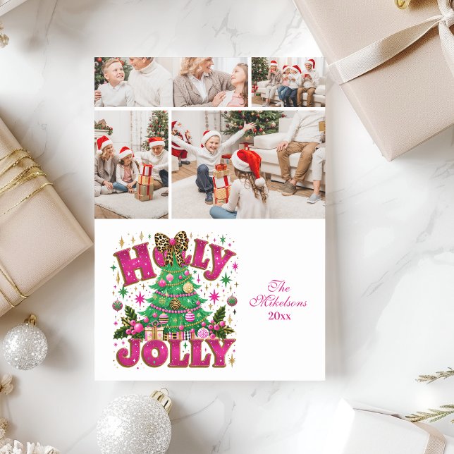 4 Photo Glitter Leopard Bow Holly Jolly Holiday Card (Creator Uploaded)