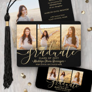 4 Photo Graduation Collage Black and Gold Script Announcement