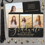4 Photo Graduation Collage Black and Gold Script Announcement<br><div class="desc">Share the joy of a high school or college graduation with these custom 4 photo collage black and gold announcements. All pictures and wording are simple to personalize. (IMAGE PLACEMENT TIP: An easy way to centre a photo exactly how you want is to crop it before uploading to the Zazzle...</div>