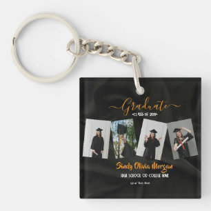 4 Photo Graduation Collage Black, Gold and white Keychain