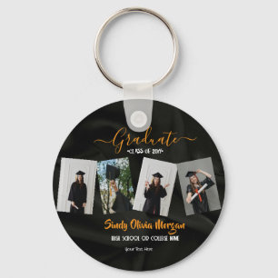 4 Photo Graduation Collage Black, Gold and white Keychain
