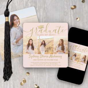 4 Photo Graduation Collage Blush Pink and Gold Announcement