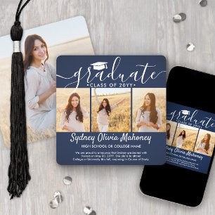 4 Photo Graduation Collage Modern Navy Blue White Announcement