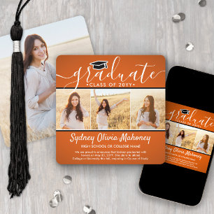 4 Photo Graduation Collage Modern Orange Black Announcement
