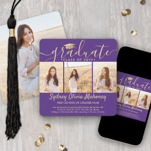 4 Photo Graduation Collage Modern Purple and Gold Announcement