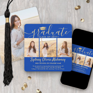 4 Photo Graduation Collage Royal Blue and Gold Announcement